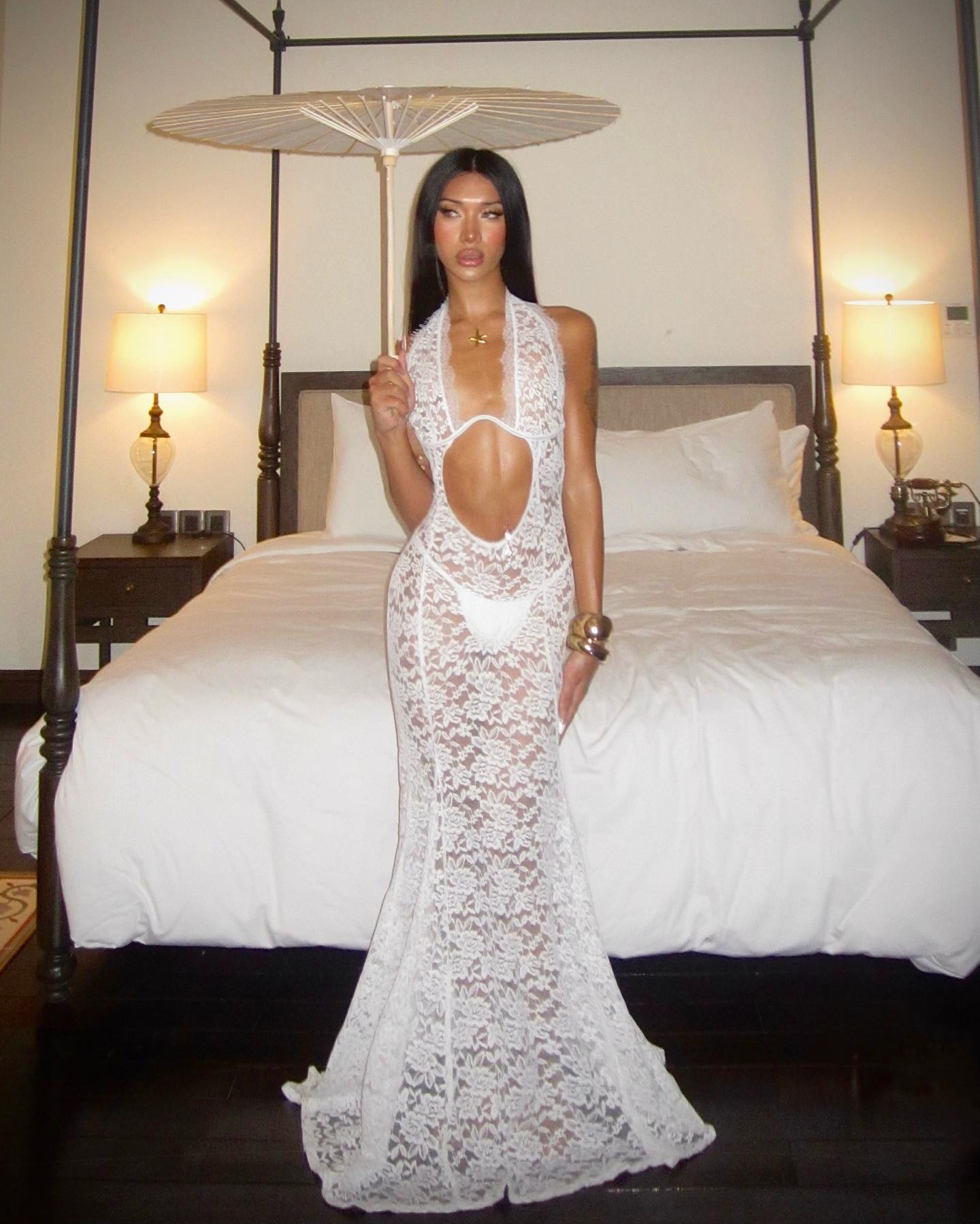 White Lace Sheer Cut Out Halter Maxi Dress