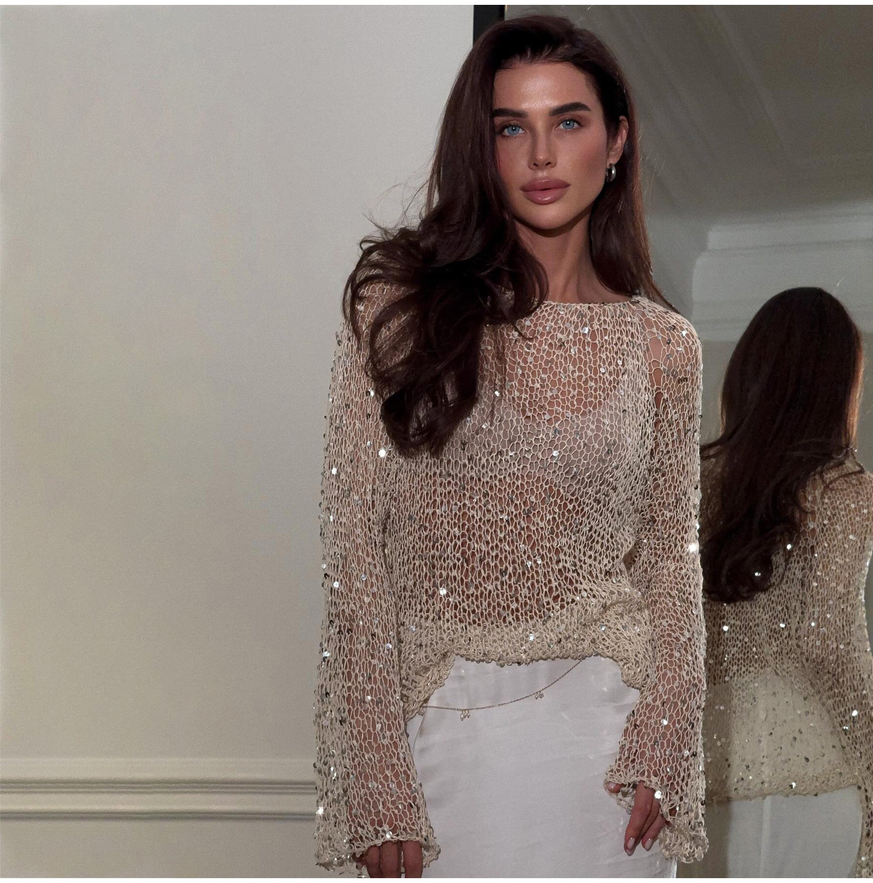 Sequin Knit Sheer Long Sleeve Blouse
